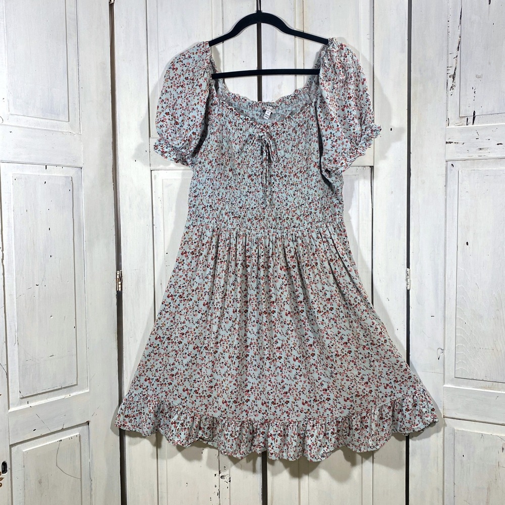 AUW Floral Babydoll Mini Dress Puff Sleeve Pastel Cottagecore Boho Smocked 1X - Picture 2 of 9
